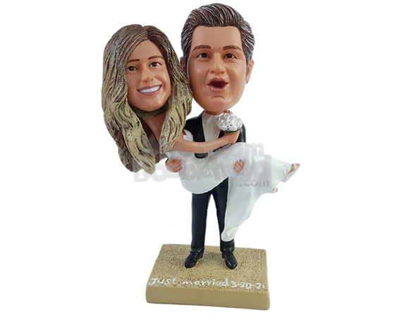 Custom Bobblehead Happy couple with the grrom carrying the bride havng a great moment - Wedding & Couples Couple Personalized Bobblehead & Action Figure Custom Bobblehead Happy couple with the grrom carrying the bride havng a great moment - Wedding & Couples Couple Personalized Bobblehead & Action Figure